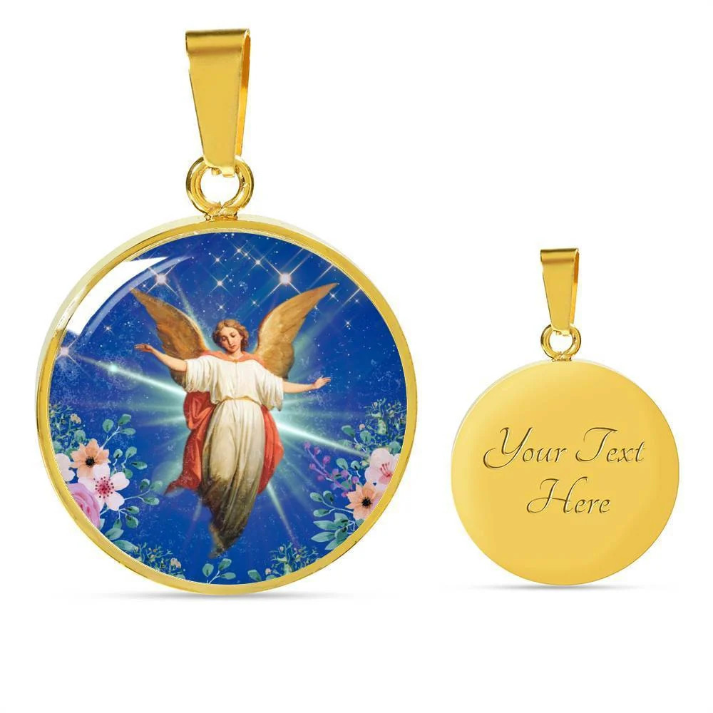 Guardian Angel Personalized Engraved Gold Circle Necklace Custom Name Date Gift